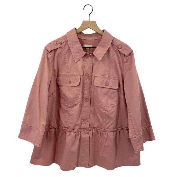LOFT Plus Peplum Utility Jacket Pockets ¾ Sleeves 100% Cotton Size 18 - Picture 2 of 11